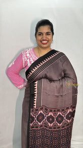 Vriksham Black With Golden Pink  Striped Print Ajrakh Modal Silk Saree-VS4666